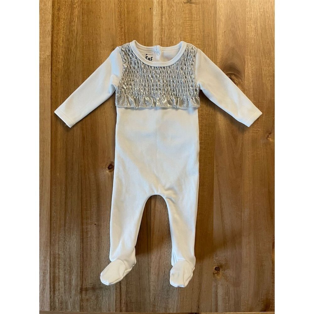 Manière Unisex White Metallic Smocked Bodice Footie Size 3M